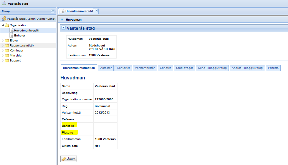 Under huvudman i fliken huvudmanaöversikt behöver Bankgiro eller Plusgiro vara ifyllt om pengar till kommunen ska betalas.