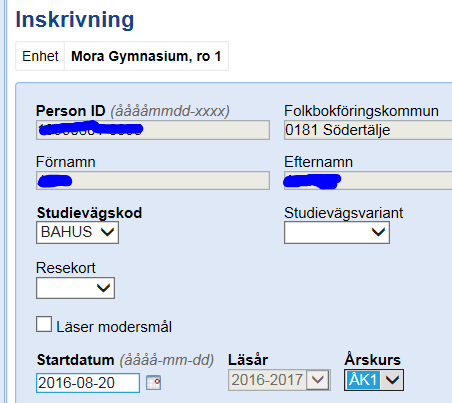 Inskrivning För att skriva in en ny elev på den kommunala skolan där eleven har en gymnasieplacering klicka på Elever Inskrivning efter att du växlat roll till admin för den kommunen.