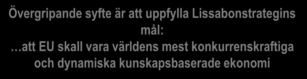 From policy to project Policy Sustainable development Utbildning Övergripande syfte är att Innovation uppfylla Lissabonstrategins Forskning mål: att LLP Program EU skall vara världens CIP mest