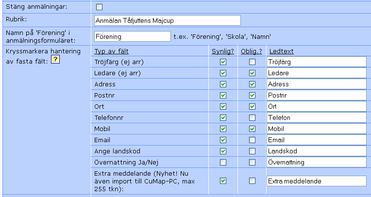 Planering av egen cup : Anmälningsfasen Sid 14 När du klickar på Spara, lagras dina inställningar på webben. Prova gärna med att titta på turneringssajten så allt ser OK ut.