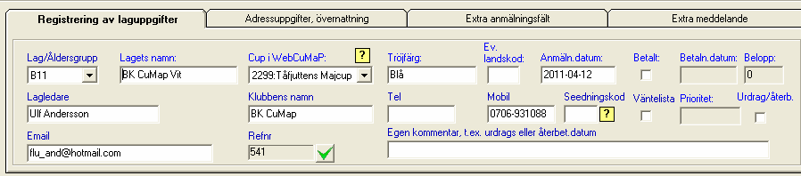 Planering av egen cup : Anmälningsfasen Sid 22 1.13 Visa/Registrera anmälda lag Ifrån menyn, klicka på Visa/Registrera anmälda lag till cup. De importerade lagen visas i listan nedan. 1.13.1 Filtrering av anmälda lag Det finns ett antal filtreringsvarianter i denna modul.