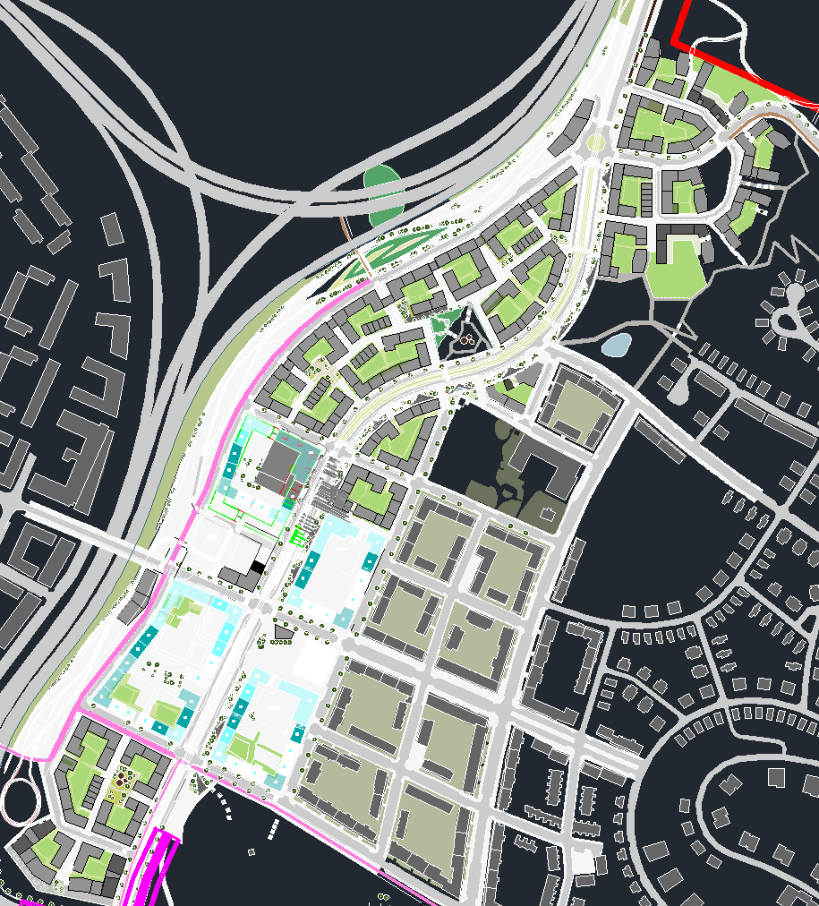 - och busshållplatser, trafikregler, trafiksignaler och så vidare. I modellen simuleras sedan trafikslagen gång, cykel, buss, spårvagn samt personbilstrafik och lastbilar.