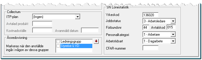 Här anger du hur många timmar per vecka som motsvarar heltidsarbete (Normalarbetstid/vecka) och hur många timmar som ska avsättas till arbetstidskonto (Avsättning i timmar).