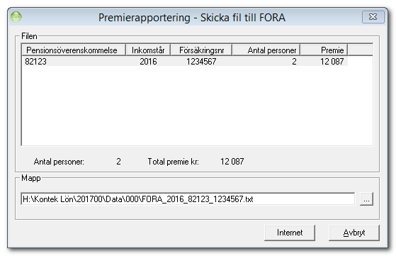 Skicka fil Gå till Årsrutiner > Arbetstidskonto > Skicka fil. För att skicka fil till Fora klickar du på knappen Internet, som tar dig till Foras hemsida där filöverföringen ska göras.