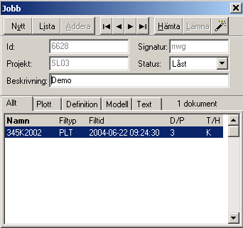34 (42) Jobbfönster Ett jobb är en samling av filer som samlas för att överföras, plottas eller distribueras. I första hand används jobb för att lämna och hämta ritningar och texter.
