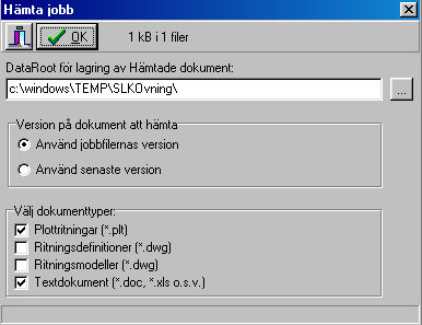 38 (42) När samtliga filer adderats till jobbet använda knappen Hämta för att påbörja hämtning. Dialog visas där lagringsplats, önskad dokumentversion och omfattning av dokumenttyper måste anges.