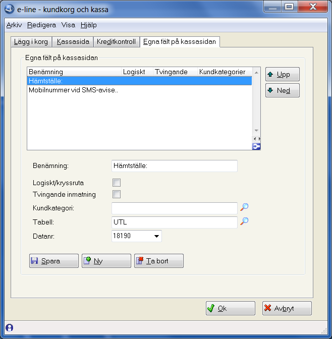 Internetorder Lägg till egna fält på kassasidan I rutin 791 e-line Kundkorg och kassa, fliken Egna fält på Kassasidan kan egna fält, kryssrutor och dropdownmenyer göras tillgängligt för visning på