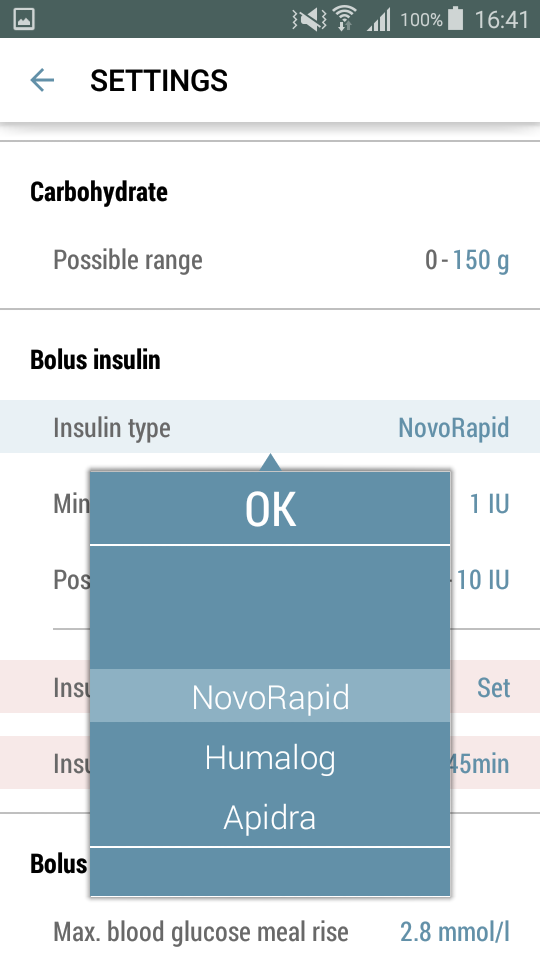 3.3.3 Bolusinsulin 3.3.3.1 Insulin Type Insulintypen definierar typen av snabbverkande bolusinsulinet som är i bruk. 1. Tryck "Set" på "Insulin type" för att ställa in värdet. 2.