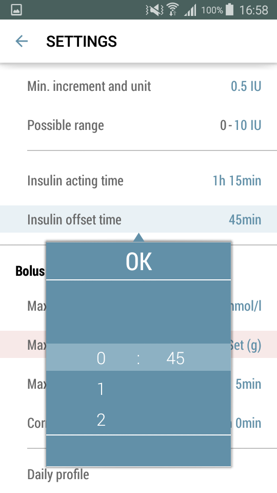 3.3.3.5 Insulin Offset Time 1. Tryck på "Set" vid "Insulin offset time" för att ställa in värden. 2. Dra fingret uppåt eller neråt skilt för timmar och minuter för att ställa in korrekta tiden.