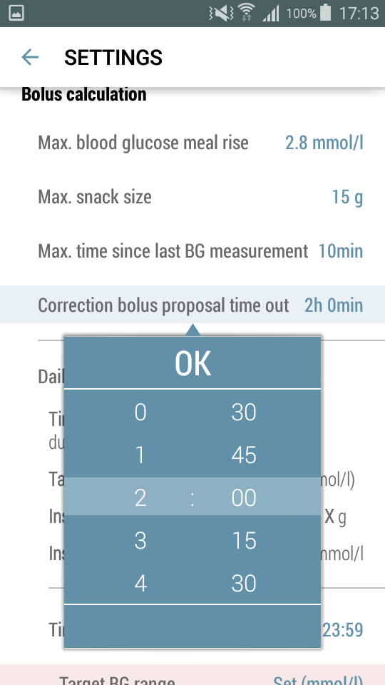 3.3.4.3 Maximum Time since Last Blood Glucose Measurement 1. Tryck på raden "Max. time since last BG measurement" för att ställa in värden. 2.