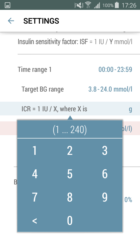 3.3.5.3 Insulin-to-Carbohydrates Ratio ICR 1. Tryck "Set" på "ICR = 1 IU / X, where X is" för att ställa in värdet för din ICR som motsvarar din kondition. 2. Tryck in värdet.