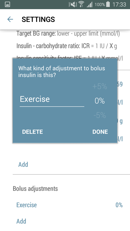 3.3.6 Bolus Adjustments 1. Tryck på raden för "Exercise" för att ändra namnet på justeringen (adjustment) och/eller för att definiera dess procent. 2.