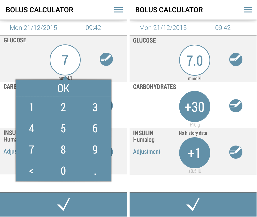 3.4 Att använda applikationen 3.4.1 Att tillsätta ny data Du kan tillsätta dina blodsockervärden, konsumerade kolhydrater och bolusinsulindoseringar i applikationens datainmatningssida.
