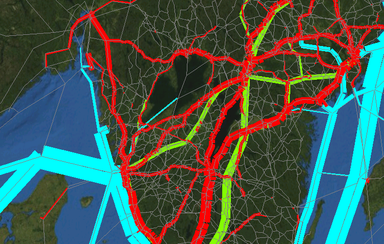 Endast godsflöden över 1 miljon ton per år visas med färgade bandbredd.