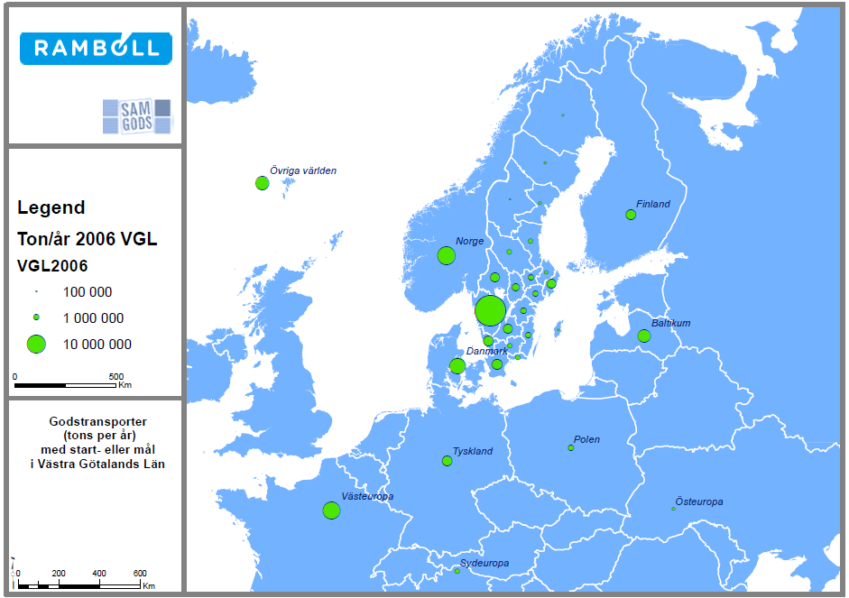 Godsflöden med start- eller målpunkt i Västra Götalands län år 2006. Källa: Samgods. 4.