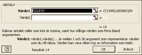 För att räkna antal, t ex individer: 1) Gå till en tom cell i den kolumn du vill räkna, där du vill placera antalet. 2) Klicka på funktionsknappen, se nedan.