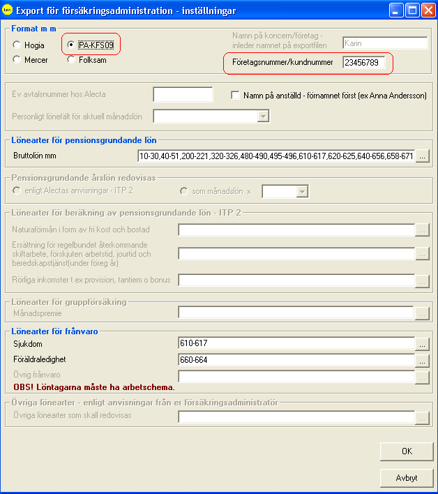 Format Markera alternativet PA-KFS09 Företagsnummer/kundnummer - För att filen skall godkännas av Pensionsvalet krävs att kundnummer angivits.
