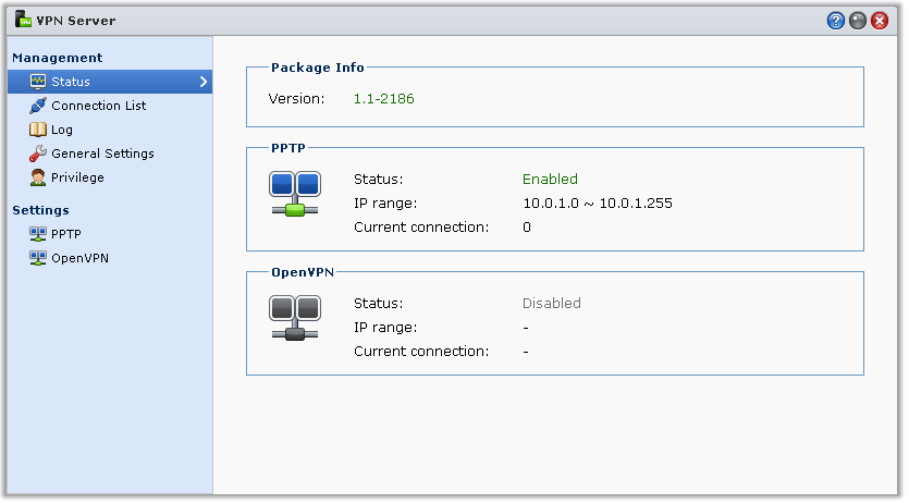 Bruksanvisning för Synology RackStation Konfigurera VPN-anslutning VPN Server är ett tilläggspaket som möjliggör att RackStation blir en PPTP/ÖppenVPN VPN (virtuellt privat nätverk), vilket låter