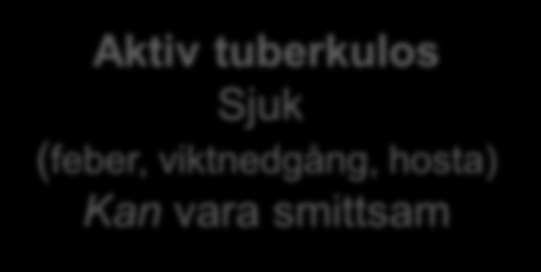 Smitta alltid från lung-tb Primär infektion oftast inga symtom Utläkning Tidig infektion Latent infektion inga symtom inte smittsam 30%