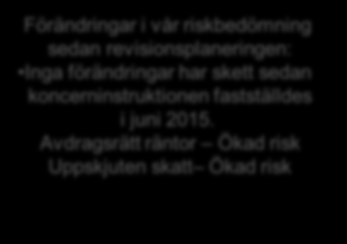 Väsentlighet Riskbedömning och fokusområden koncernen Högre Ägardirektiv Lagstiftning begränsning Inköp/leverantörs- avdragsrätt räntor fakturor (drift/underhåll) Investeringar Värdering tillgångar