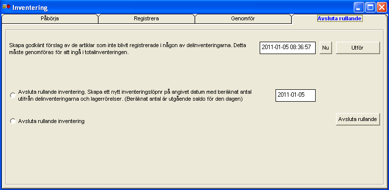 6. Välj fliken Avsluta rullande. 7. Hantering av ej registrerade artiklar Artiklar som inte har ingått i någon delinventering men som har ett lagersaldo, skapa ett förslag på dessa med noll i antal.