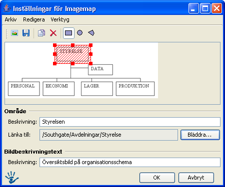 medan det kan finnas flera områdesbeskrivningstexter (en till varje område). Nedan visas ett exempel där en bild valts (1), ett rektangulärt område valts (5) och placerats ut på bilden med musen.