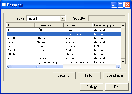 4.4 Personalgrupplista Alla personer som läggs in i systemet tillhör en personalgrupp. Upp till 200 olika personalgrupper kan läggas upp i systemet.