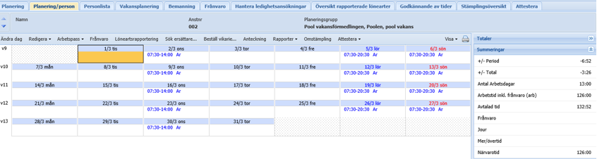 Schemauppgifter Här visas aktuella uppgifter från det schema som den markerade personen är kopplad till den