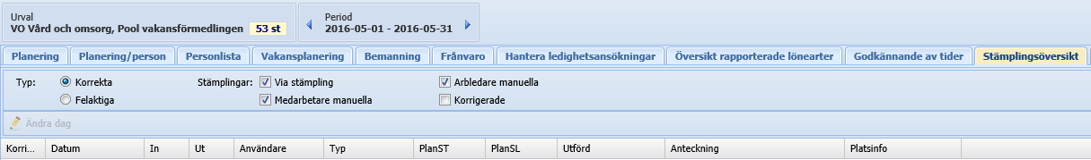 Flex/Stämpling Under fliken Stämplingsöverskrift visas en översikt över stämplingar som gjorts på uppläst planering.