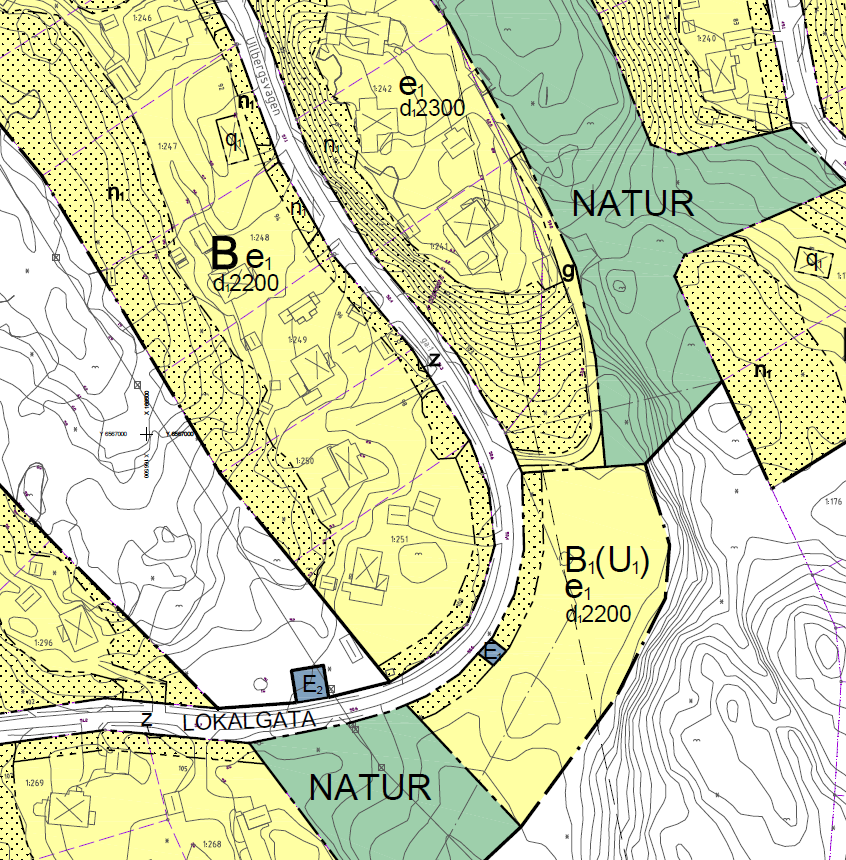 I översiktskarta (1) markerad med D Mark för bostäder/etableringsområde, B 1 (U 1 ),