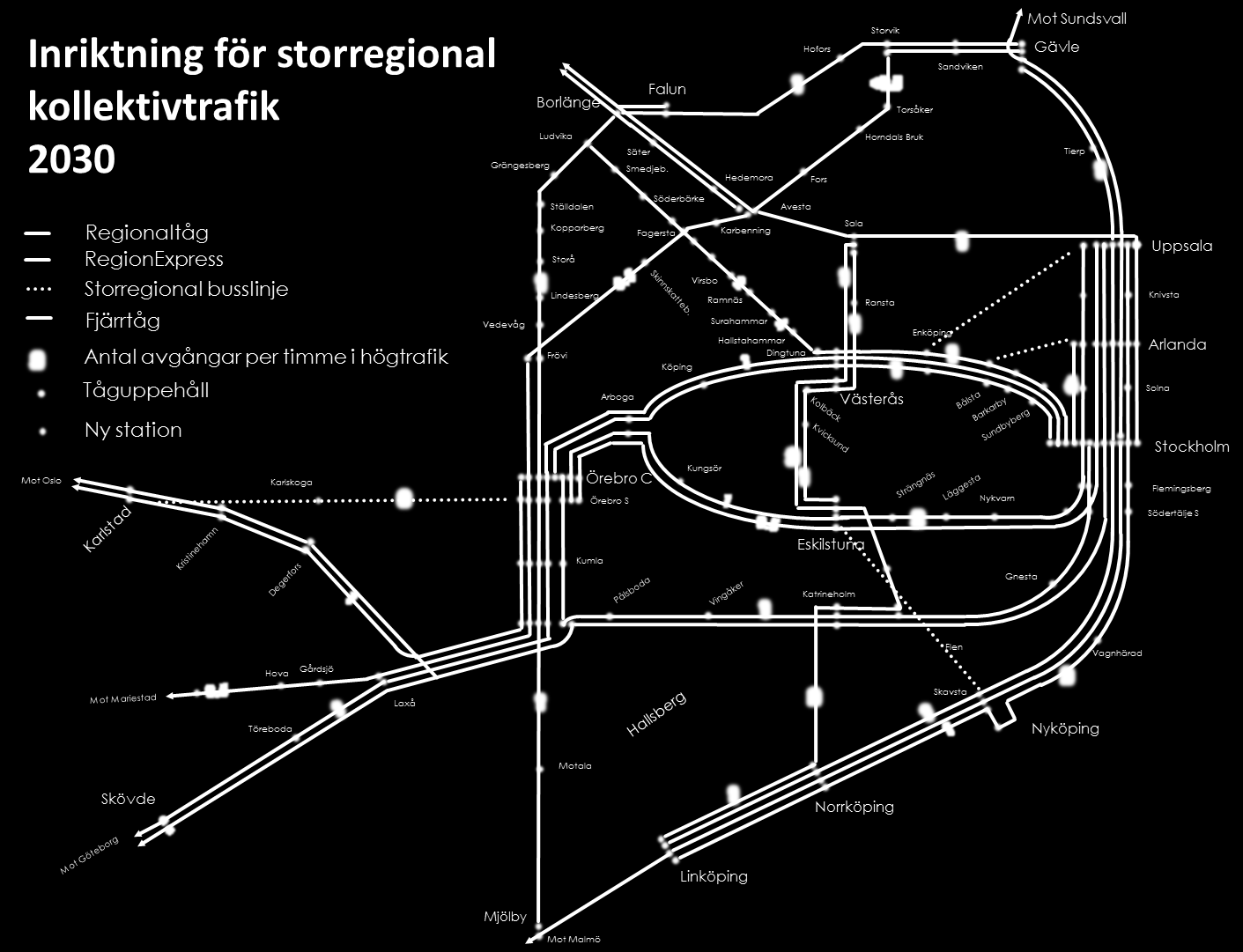 Figur 12: En Bättre Sits - inriktning för storregional kollektivtrafik 2030. Örebro län har tågtrafik både inom länet och till angränsande län, tågtrafiken kan delas in i regionaltåg och pendeltåg.