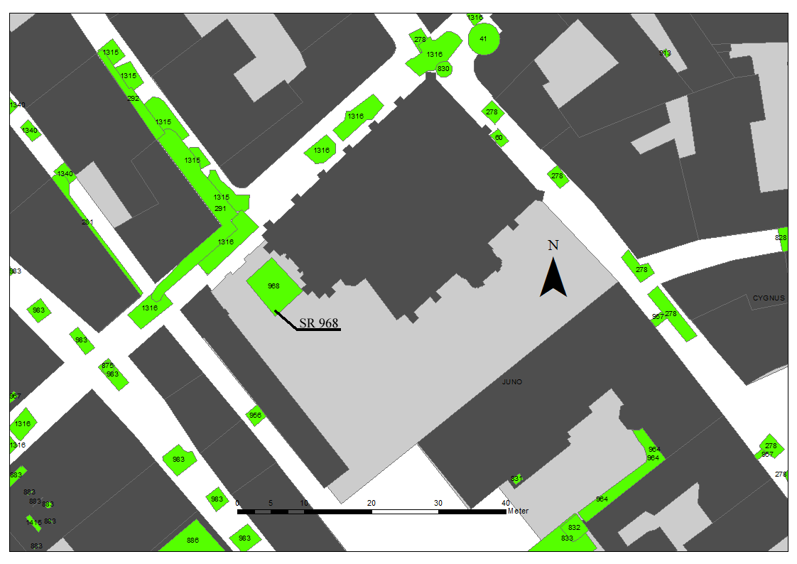 5 Tidigare undersökningar Figur 3. Plan över tidigare undersökningar inom fastigheten Juno 18. 1992 grävdes ett schakt söder om Tyska kyrkans västportal (SR 968).