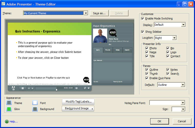 Presentation Settings: Rubrik för presentation + bifogade filer. 2. 3.. Choose Presentation Settings from the Adobe Presenter menu. 2. Under Playback-fliken kan du bestämma ifall föreläsningen skall börja automatiskt då man öppnar filen (default, rekommenderas).
