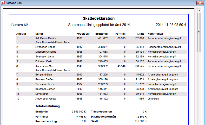 Skattedeklaration Sökväg: Utskriftsområde: Rapport: Lön>Löneavräkning> Rapporter Löneprocessen Skattedeklaration Fliken Rapport ska den sista månaden markeras för utskrift av årssaldo.