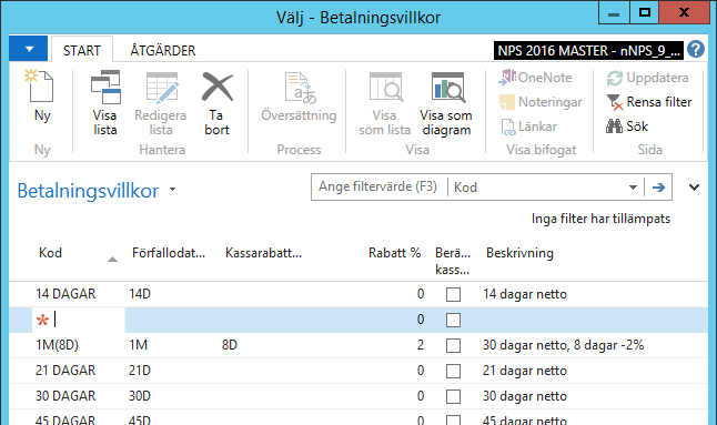 Om du nu vill lägga upp ett nytt betalningsvillkor så trycker du på länken Ny längst ner i fönstrets vänstra hörn. Nu öppnas ytterligare ett nytt fönster där du kan lägga till den nya koden.