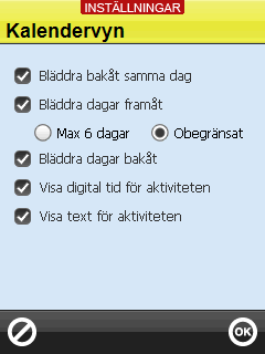 13. Inställningar För att göra inställningar för Kalender ska man gå till Inställningar. För att komma till Inställningar trycker man knappkombinationen, se Handboken. En inställningsmeny visas.