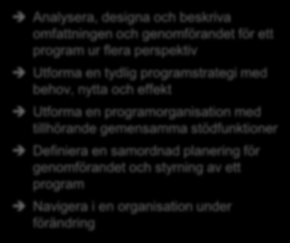 Kursens målsättning är att ge praktiska verktyg för hur man designar, strukturerar, organiserar och styr större program Efter genomgången utbildning HAR DU: Efter genomgången utbildning KAN DU: