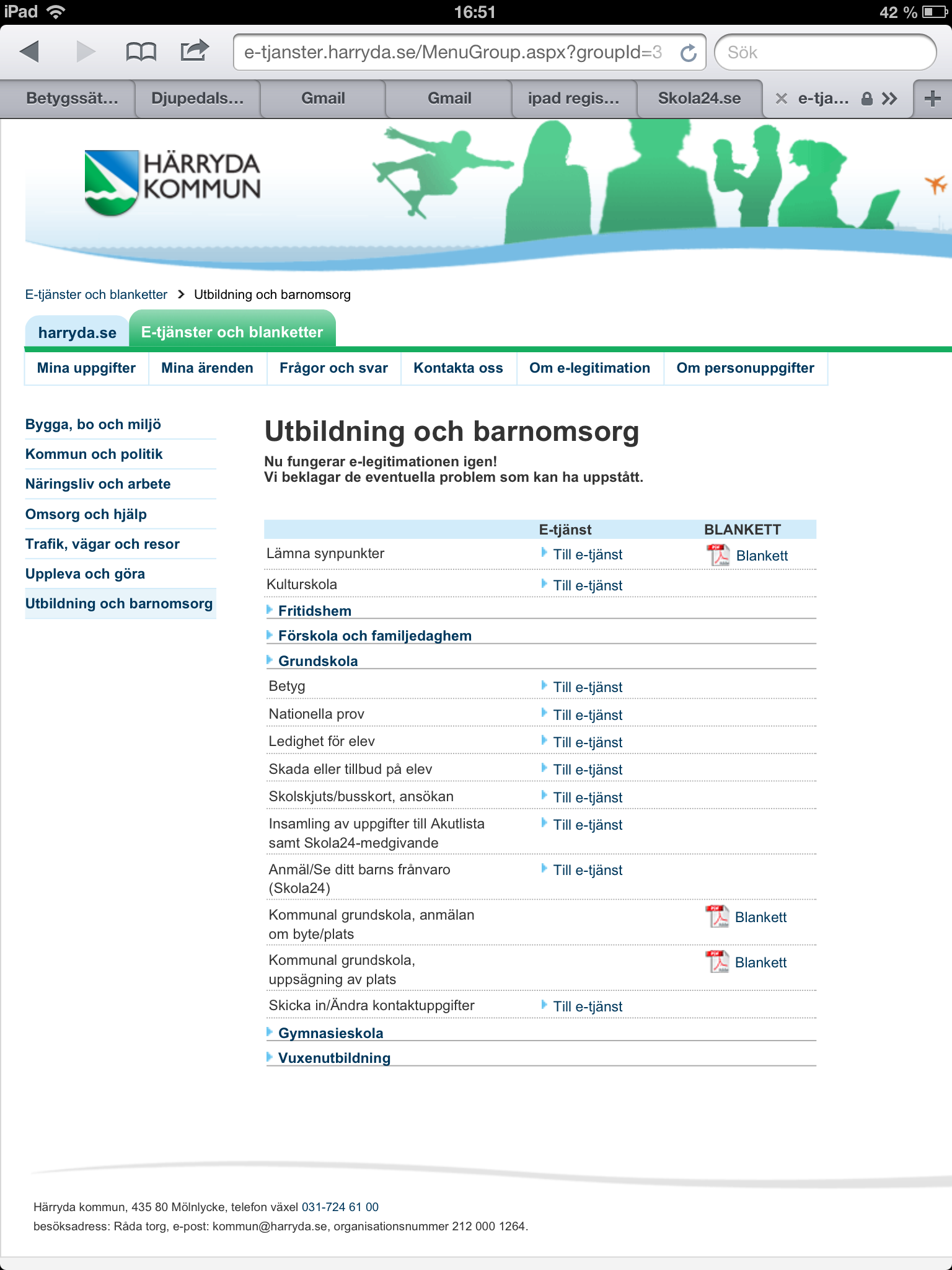 E-tjänster Ledighet, skolskjuts, skola24 Kommunens hemsida