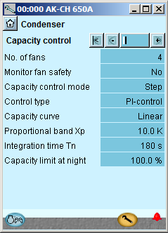Tryck +-knappen för att gå till nästa sida. 4. Ställ in värdena för kapacitetsreglering Fyra stegreglerade fläktar används i vårt exempel. Inställningarna visas här i displayen.