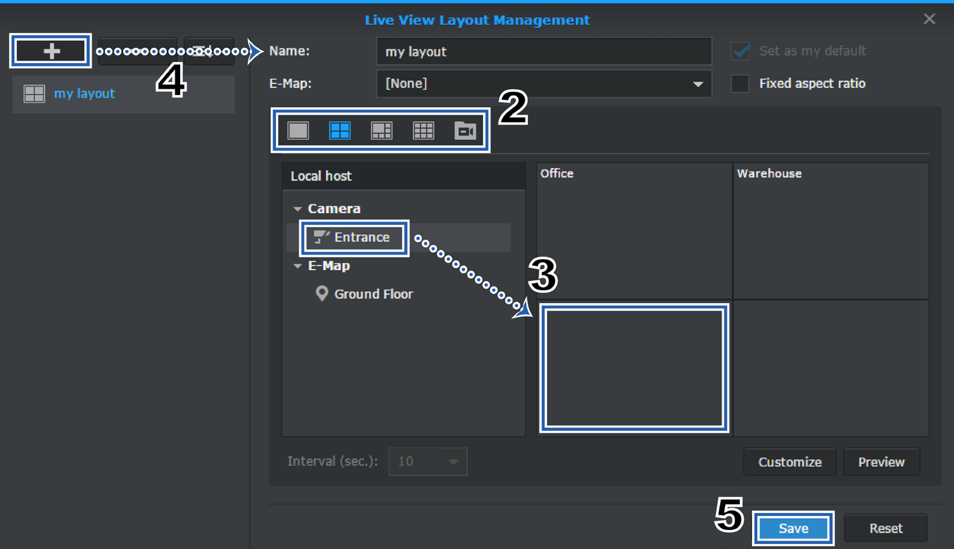 Börja övervaka genom att konfigurera Livevy-layout För att konfigurera din livevy-layout och börja övervaka dina kameraflöden, vänligen gör följande: 1 Klicka på Hantering i Layoutpanelen.