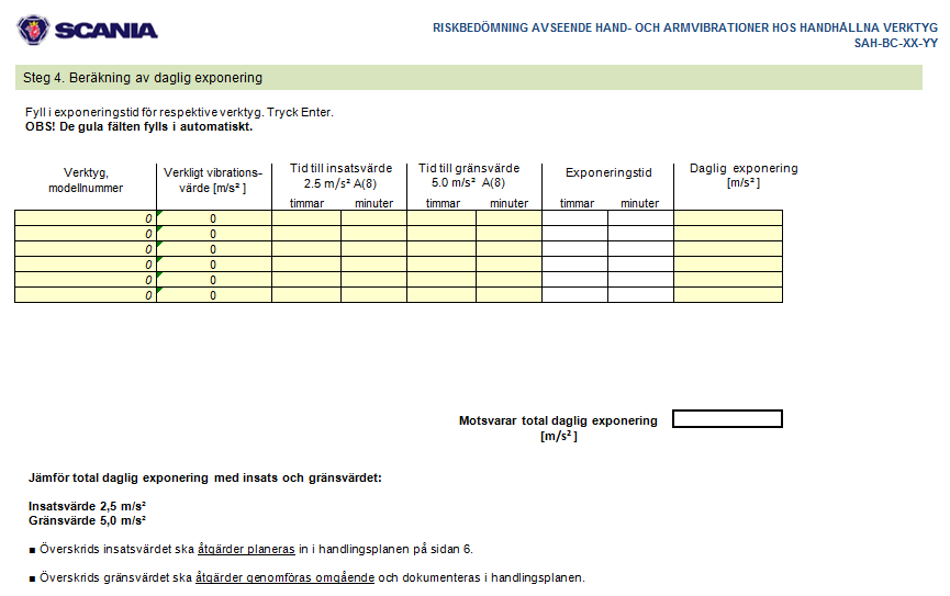 Beräkning av daglig exponering Det fjärde momentet är att beräkna den dagliga exponeringen, det vill säga summan av vibrationsexponeringen från samtliga verktyg under en 8- timmars arbetsdag (Figur