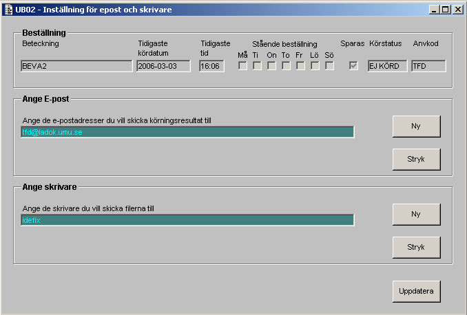 Torgny Fridlund 2016-12-02 9(14) Formuläret ska fungera enligt standard för batchbeställningar. Hjälptext Allmänt Här kan du lägga upp E-postadresser och skrivare.