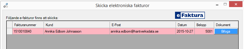 Bifoga dokument även vid E-fakturering Nu finns möjligheten att skicka med dokument när man e-fakturerar (skickar faktura med e-post). På höger sida finns nu en kolumn Dokument.