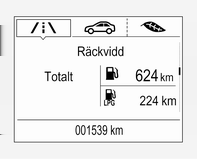 98 Instrument och reglage När bilen måste tankas omedelbart, visas ett meddelande som kvarstår på displayen. Dessutom lyser eller blinkar kontrollampan Y i bränslemätaren 3 93.