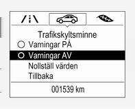 Varningsfunktionen kan aktiveras eller inaktiveras i inställningsmenyn på sidan Trafikmärkesassistans genom intryckning av SET/CLR på blinkersspaken.