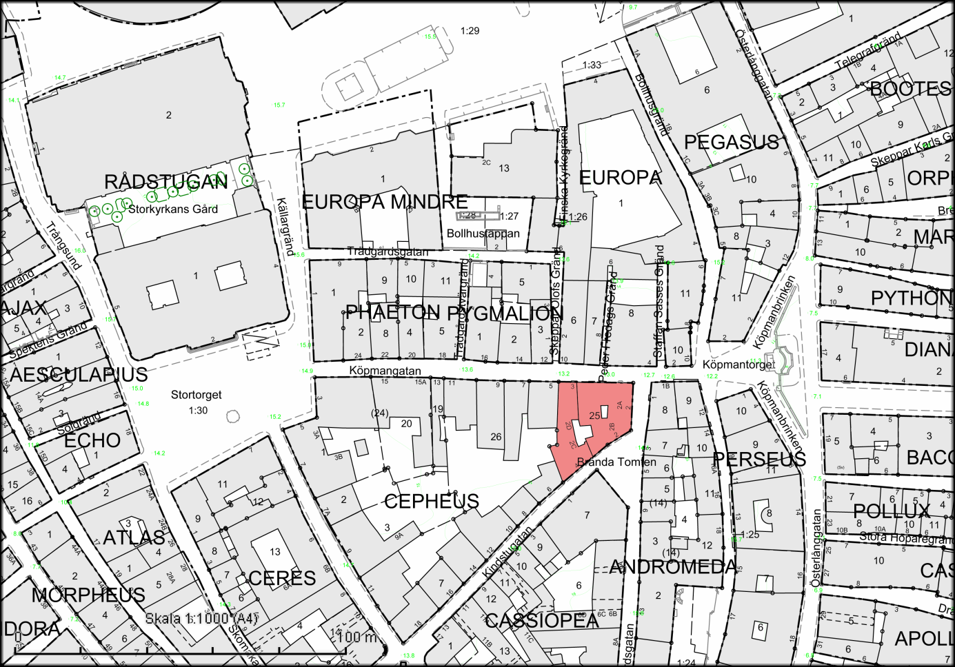 Figur 1. Fastigheten Cepheus 25har markerats med rött på ett utsnitt ur DP/Map, Stockholms stadsbyggnadskontor.