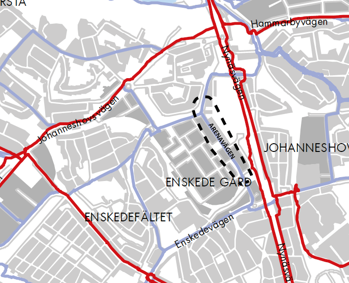 Trafikkontoret Sida 4 (10) Figur 2 Arenavägens läge markerat i stadens cykelplan Gångstråket längs sträckan är av låg kvalitet.