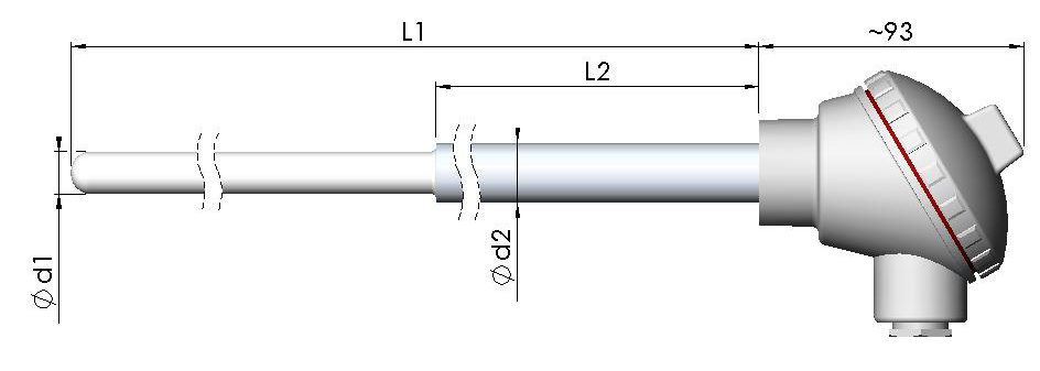 Temperaturgivare TERMOELEMENT MODELL 8109000 Termoelementtyp K och N för hög temperatur Yttre skyddsrör av Kanthal AF alternativt 353 MA. Utbytbar Ø 6 mm mätinsats med mantel av Inconel 600.