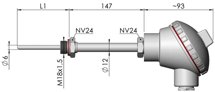 TERMOELEMENT MODELL 8108300 Givare för skyddsficka modell 9055020 och stuts modell 9055040 DIN 43772 form 4 (D) för vibrerande miljö. Se sidan 4.