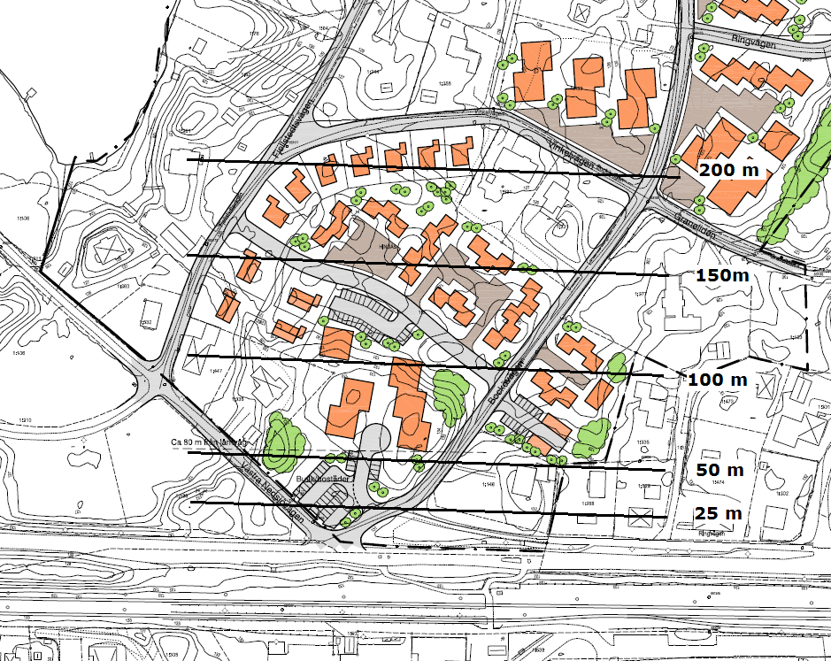 KVANTITATIV RISKUTREDNING FÖR DETALJPLAN FÖR HINDÅS 1:3 M FL 13 Figur 6. Avstånd mätt från väg 156.